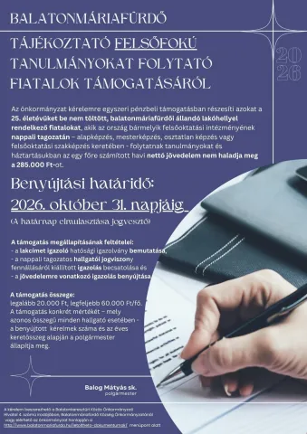 Felsőfokú tanulmányok támogatása Balatonmáriafürdőn